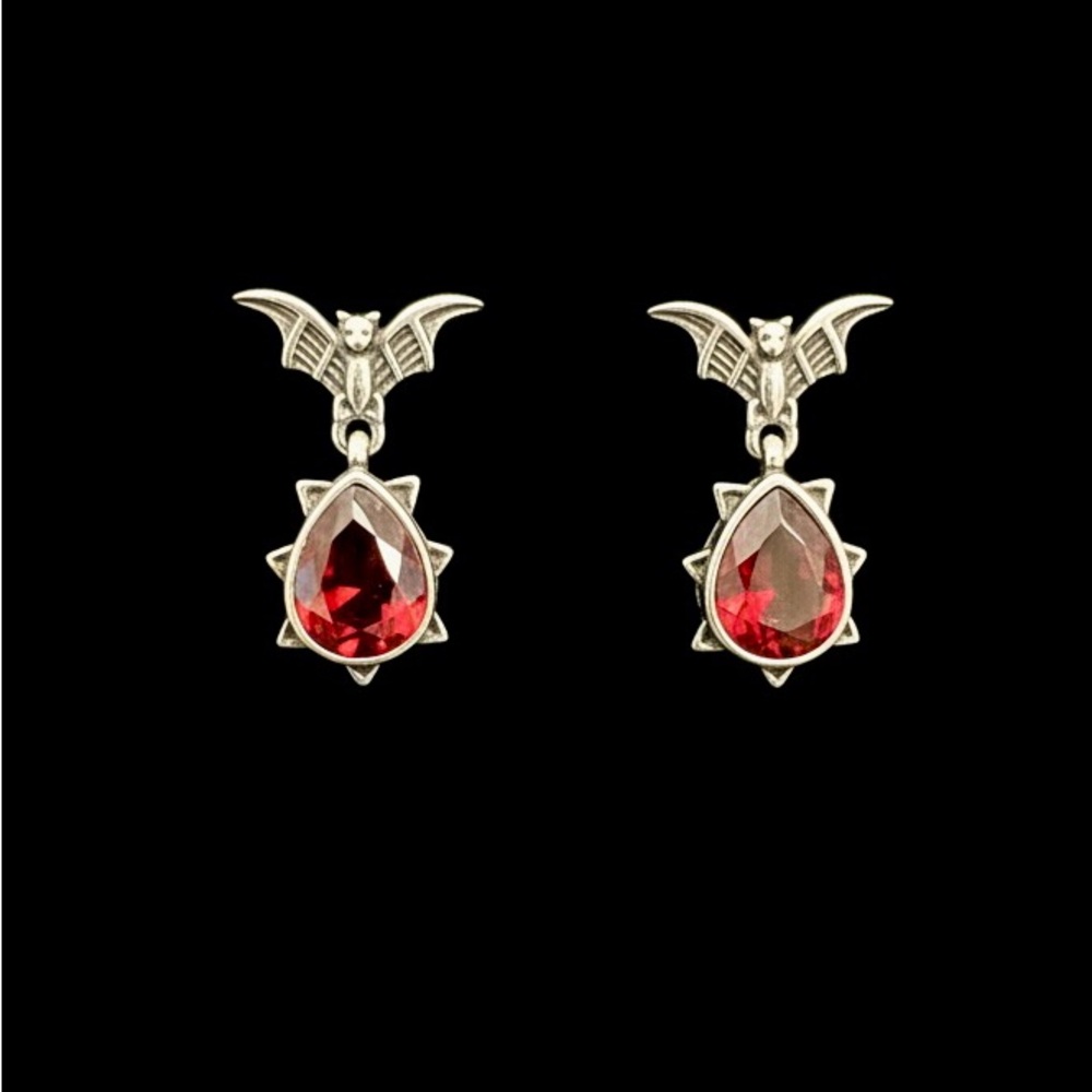 Elegant sterling Silver and Red garnet Bat Earrings
